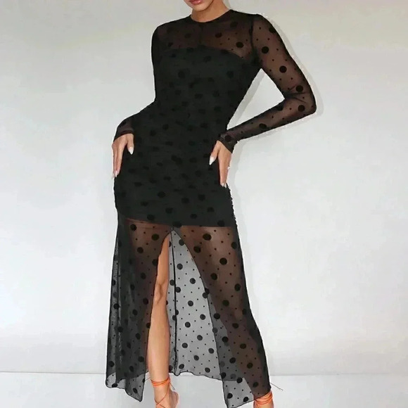 Black Preppy Womens Polka Dot Print Split Thigh Mesh Dress - Picture 5 of 5